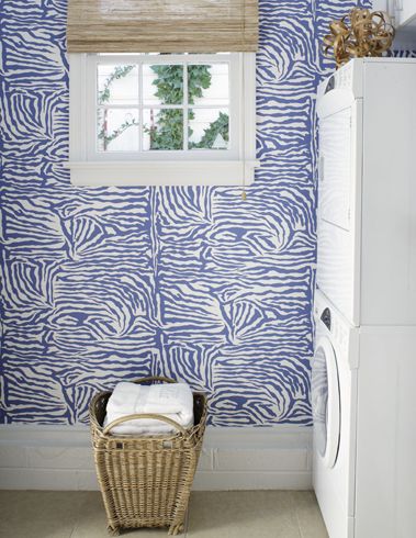 Blue and White Wallpapered Laundry Room