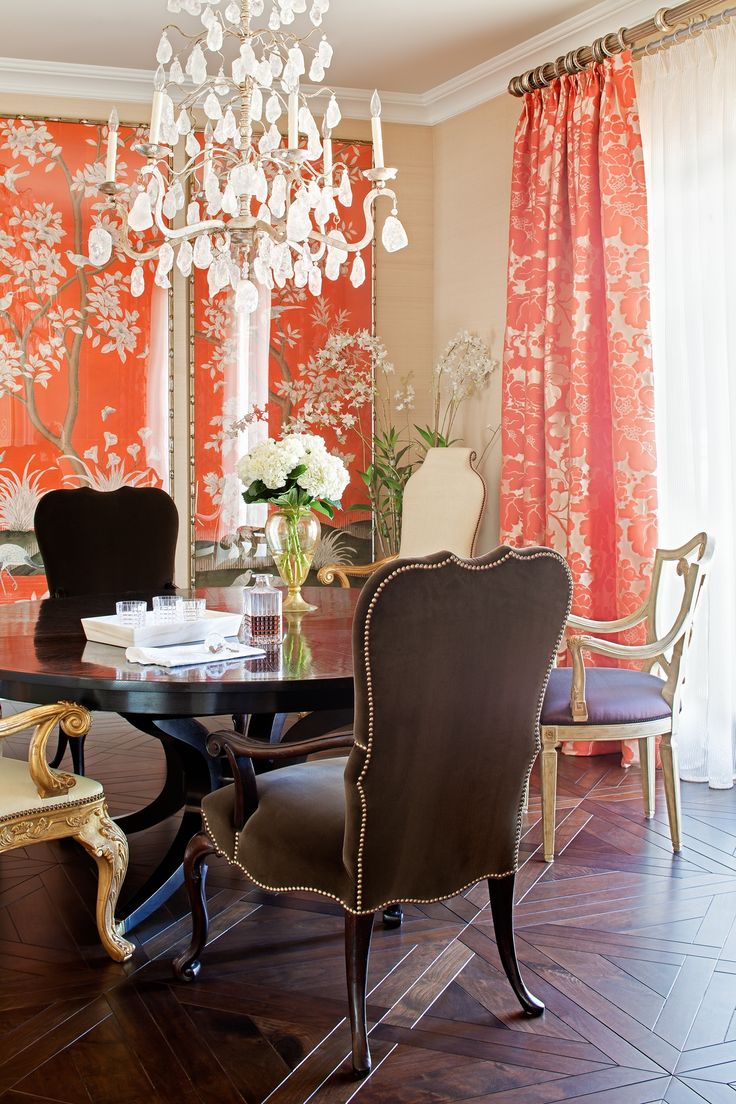 Dining room with  Orange Gracie Panels by Jamie Herzlinger