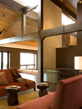 Exposed Wood Beams and glass railing