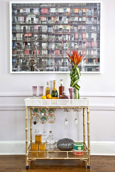 Gold Bamboo Bar Cart with Removable Tray via Shelterness