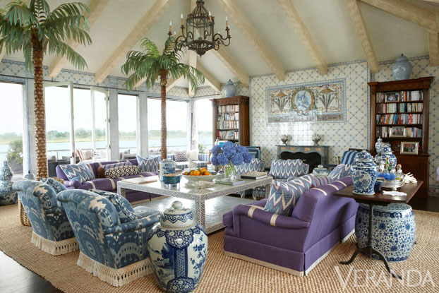 Living area with Blue and White in Kelli Ford's Southampton Home via Veranda