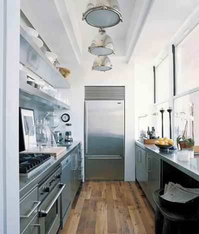 Steel Galley Kitchen with Wood Floors