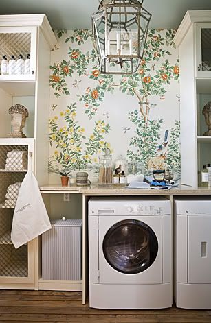 wallpapered laundry room