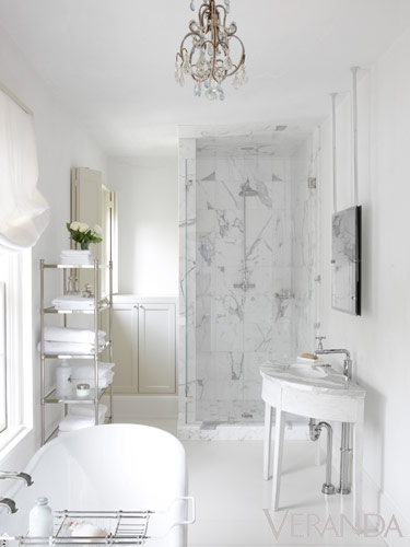 A lovely white marbles bathroom via Veranda
