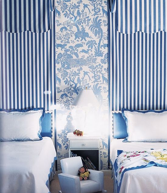 Shades of Blue and White in Twin Bedroom