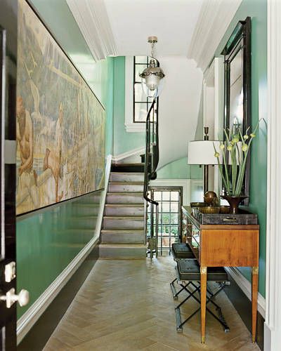 Steven gsambrel Staircase with green lacquer hall via Elle Decor