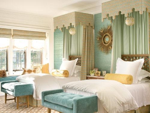 Stylish Twin Beds with blue, green, and yellow