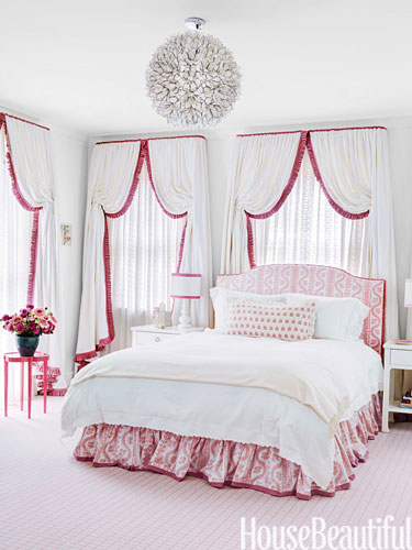Daughter's room with sheer eyelet curtains by Markham Roberts