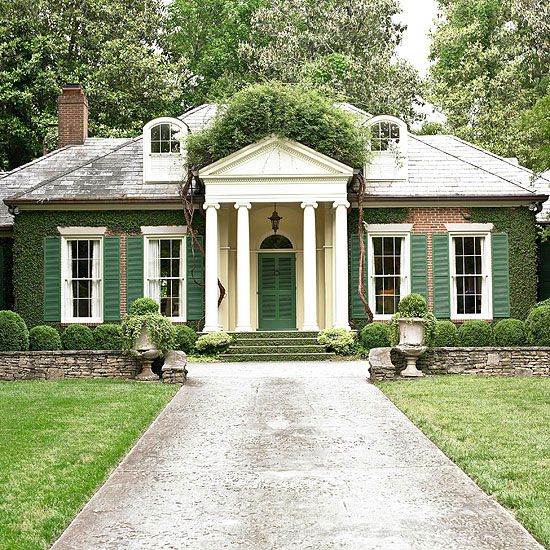 Green Shutters and Boxwoods via Better Homes and Gardens