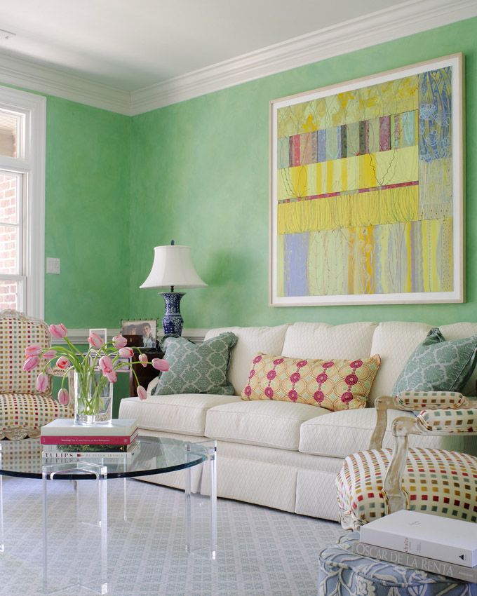 Green and colorful living area by Suellen Gregory via House of Turquoise