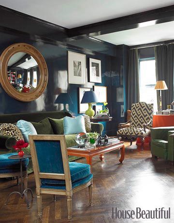 Miles Redd lacquered walls and green velveet sofa via HB
