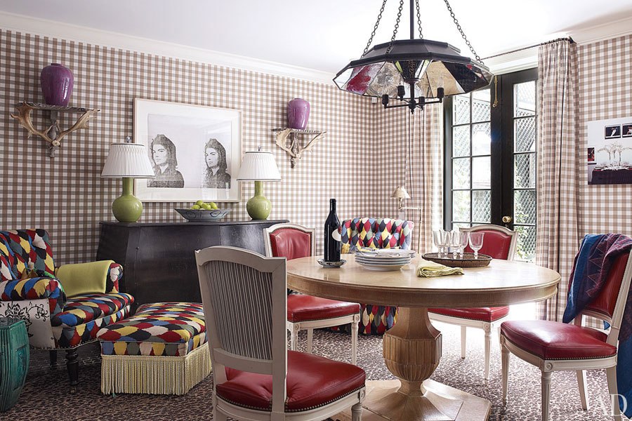 Gingham and Colorfully fun dining room by Jeffrey Bilhuber via AD