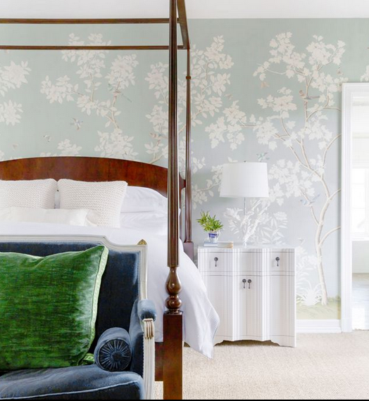 Gorgeous wallpaper with shades of green and blue via D Home Magazine
