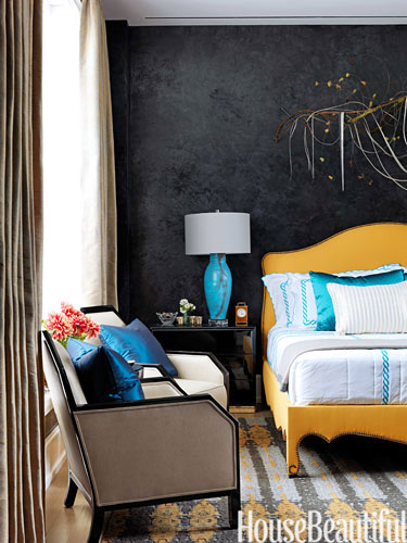 Yellow bed pops in this room by Jamie Drake via HB