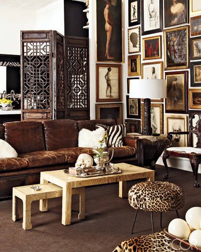 Coco carpet and brown leather sofa via Elle Decor