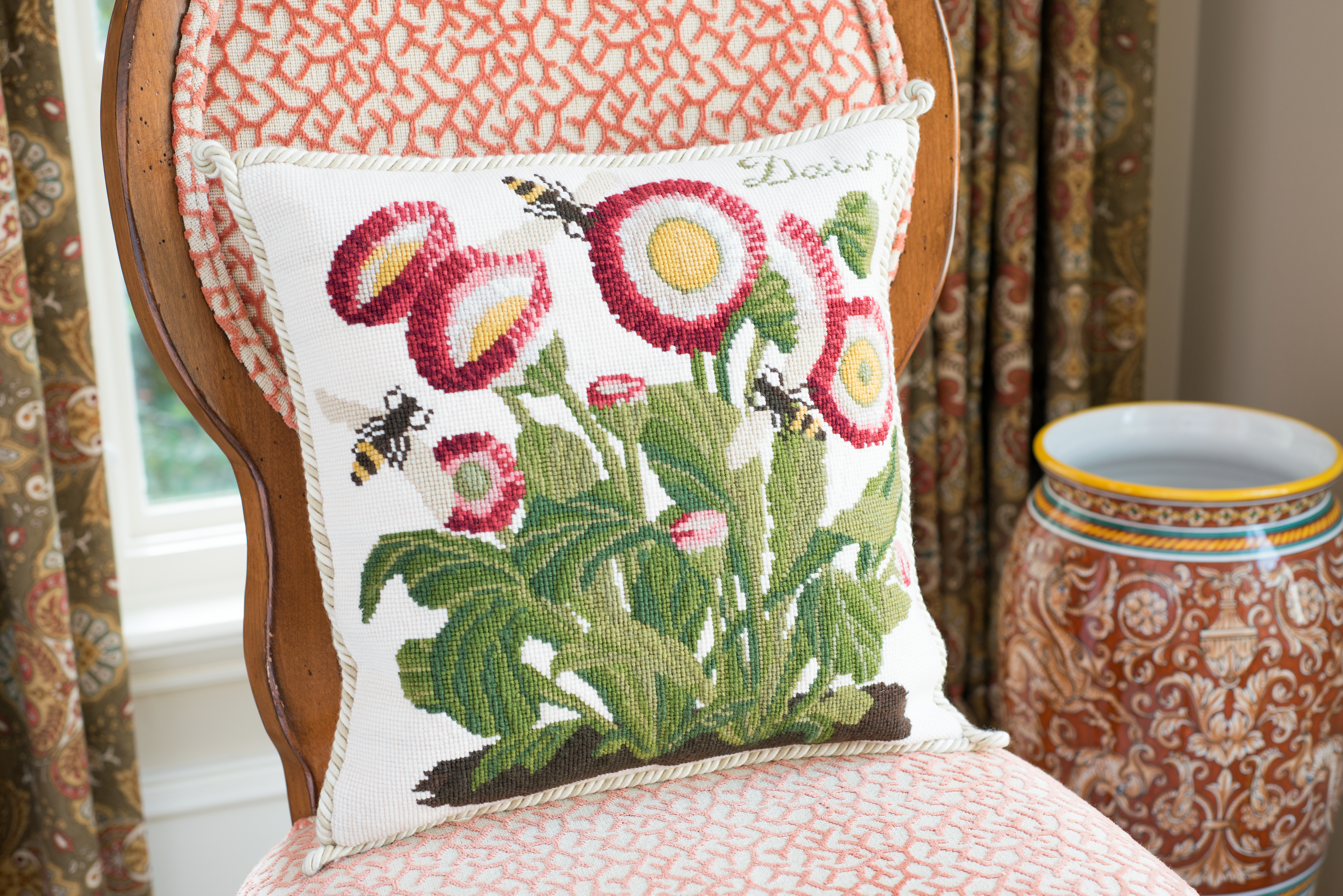 Daisy on Cream Needlepoint Pillow by Elizabeth Bradely Home