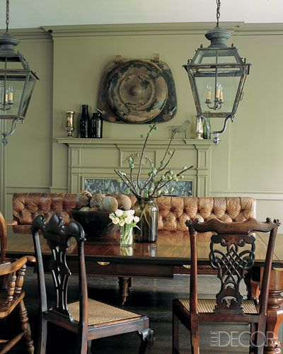 Elle Decor dining room in home of Glen Senk and Keith Johnson with leather bench