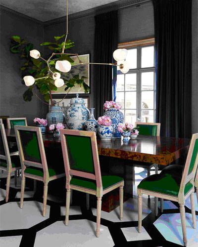 Green leather dining chairs via Elle Decor
