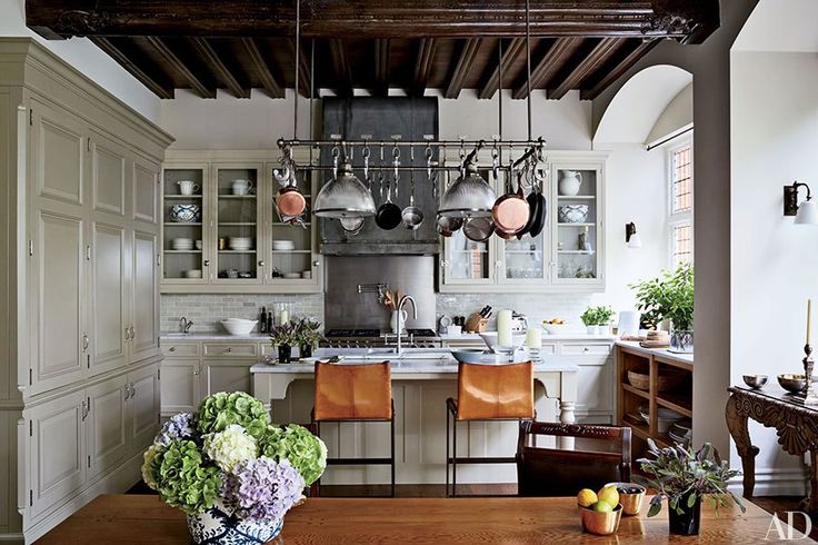 Net-a-Porter founder;s London kitchen with leather stools