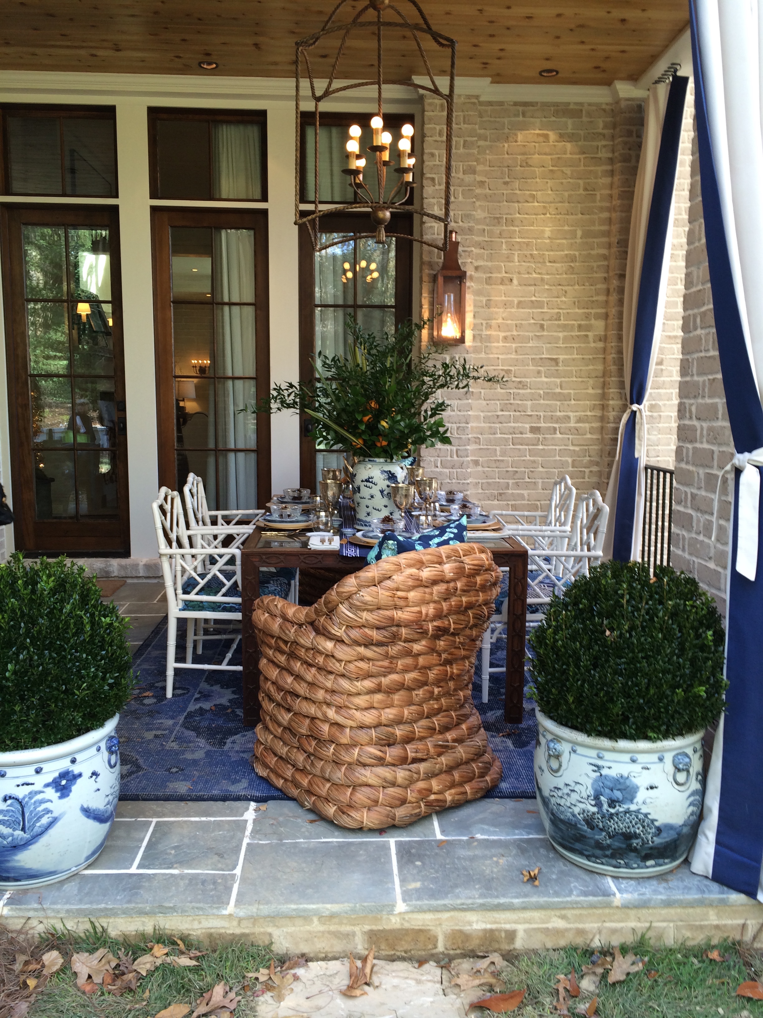 Potted Boxwoods in blue and white pots designed by Parker Kennedy Living