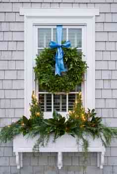 Window Box and Blue Ribbon Boxwood Wreath via ShineYourLight