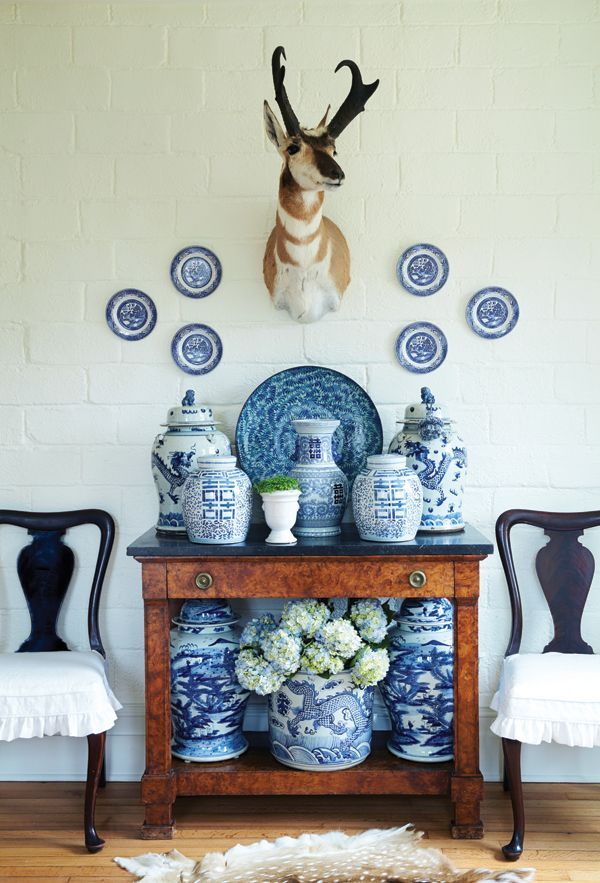 Blue and White and a pop of an animal via The Enchanted Home