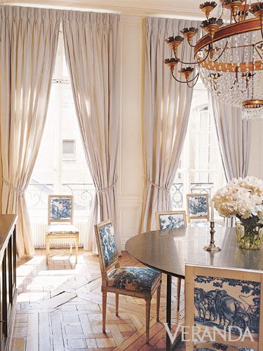 Blue and white toile chairs in dining room via Veranda