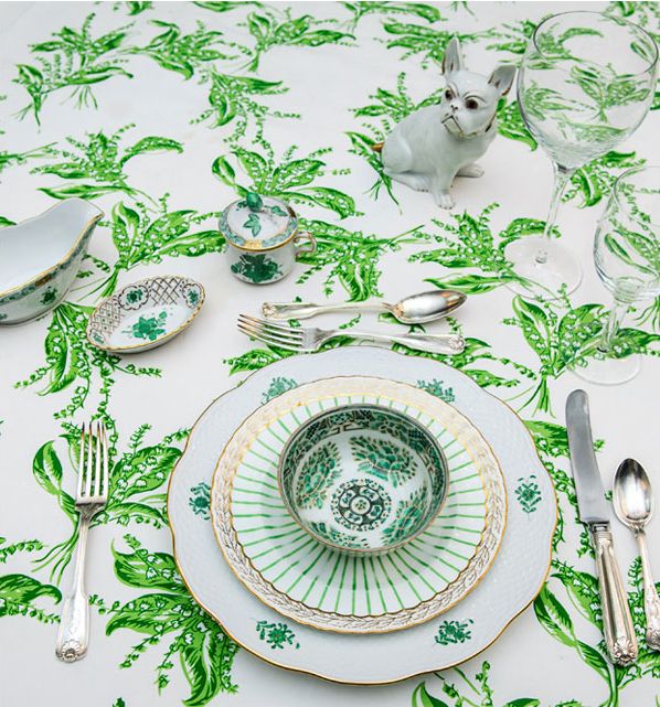 Green and White tablescape by Tory Burch