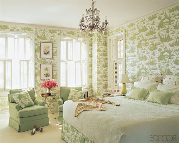 Green and white toile bedroom via Elle Decor