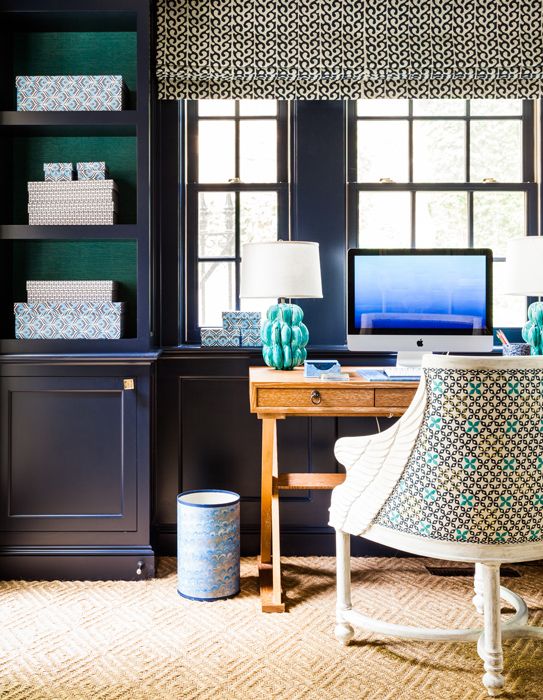 Blue walls and study by Sara Gilbane Interiors via her website