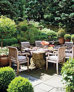 Lovely outdoor Spring dining full of potted boxwood