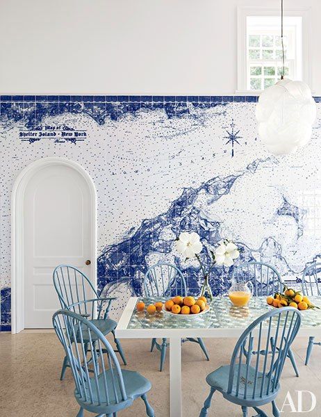 Breakfast nook by Russel Piccione with blue and white map tile via AD