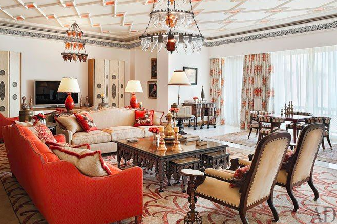 Fabulous autumn hints of orange in this large living room via AD
