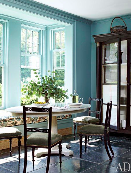 Blue room dining room window seat via Elle Decor