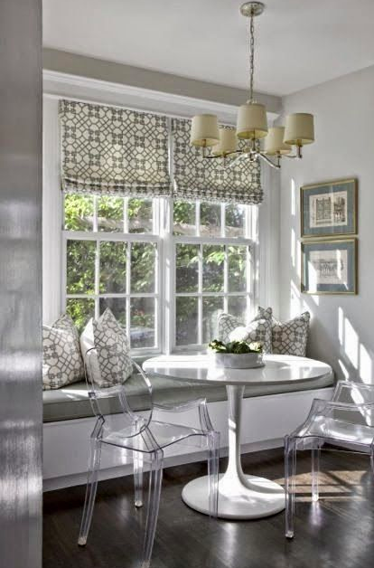 Gray and White window seat via Elle Decor