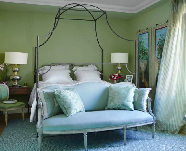 Green and white bedroom via Elle Decor