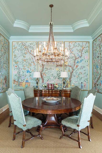 A dining room of framed chinoiserie panels via Rodd Richesin design