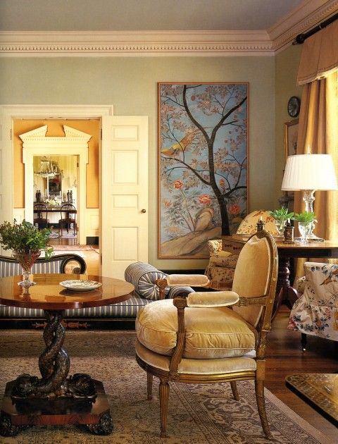 Chinoiserie panel framed in a living room by Suzanne Rheinstein