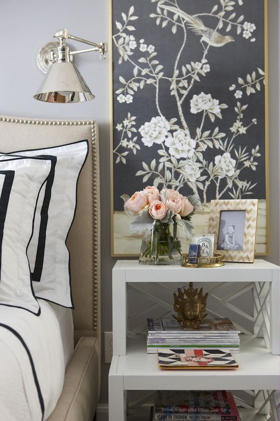 Chinoiserie panels by the bed via Elements of Style