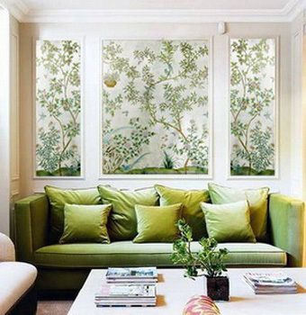 fabulous framed shades of green wallpaper via Apartment Therapy