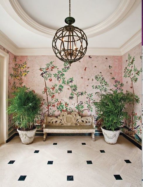 pink degournay wallpaper in entry