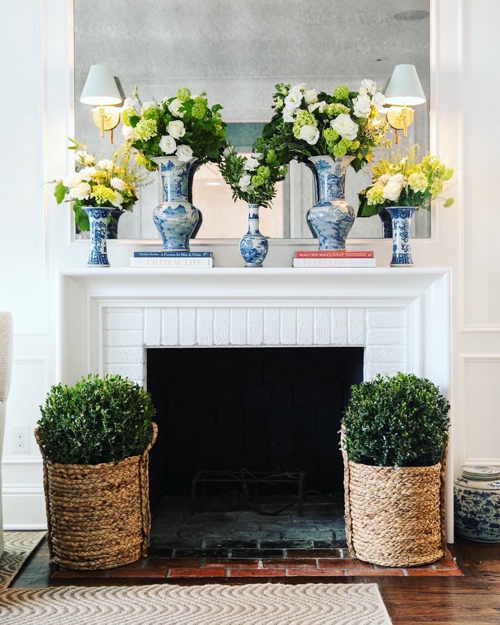 The Potted Boxwood Mantel styling for John Cain Photography